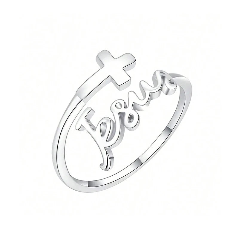 Adjustable Silver Plated Cross Jesus Ring