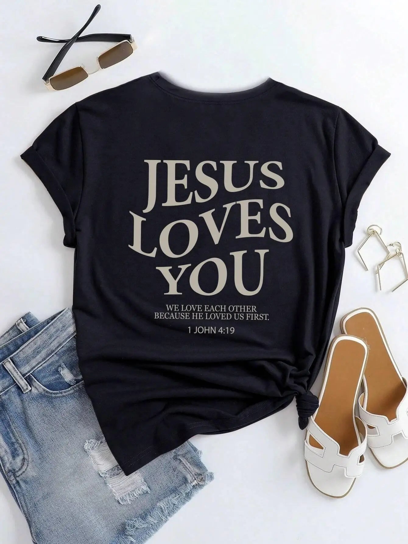 Jesus Loves You Letter Print Women T-Shirts